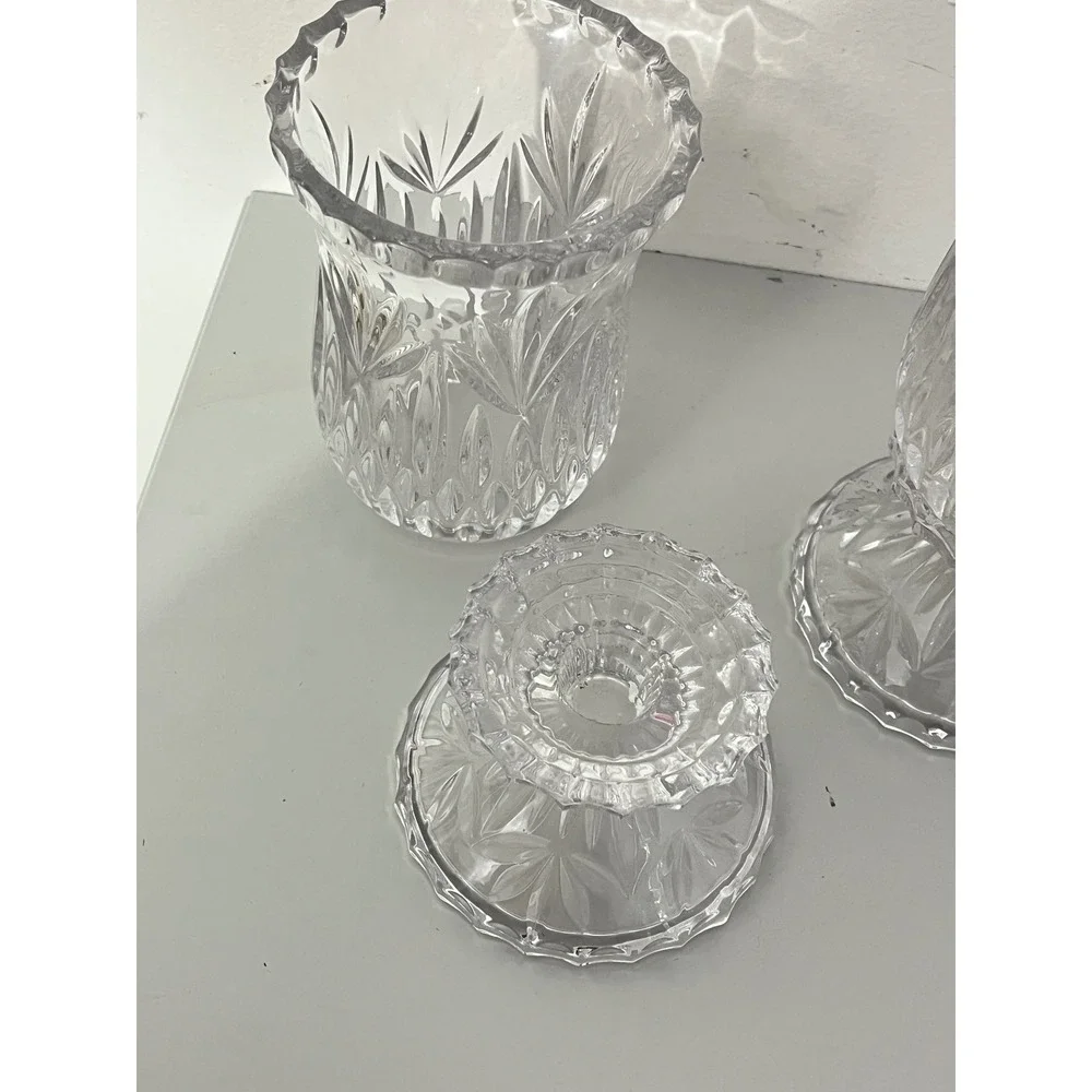 Vintage Hurricane Candle Holder Set  Clear Glass‎ Starburst Pressed Pattern